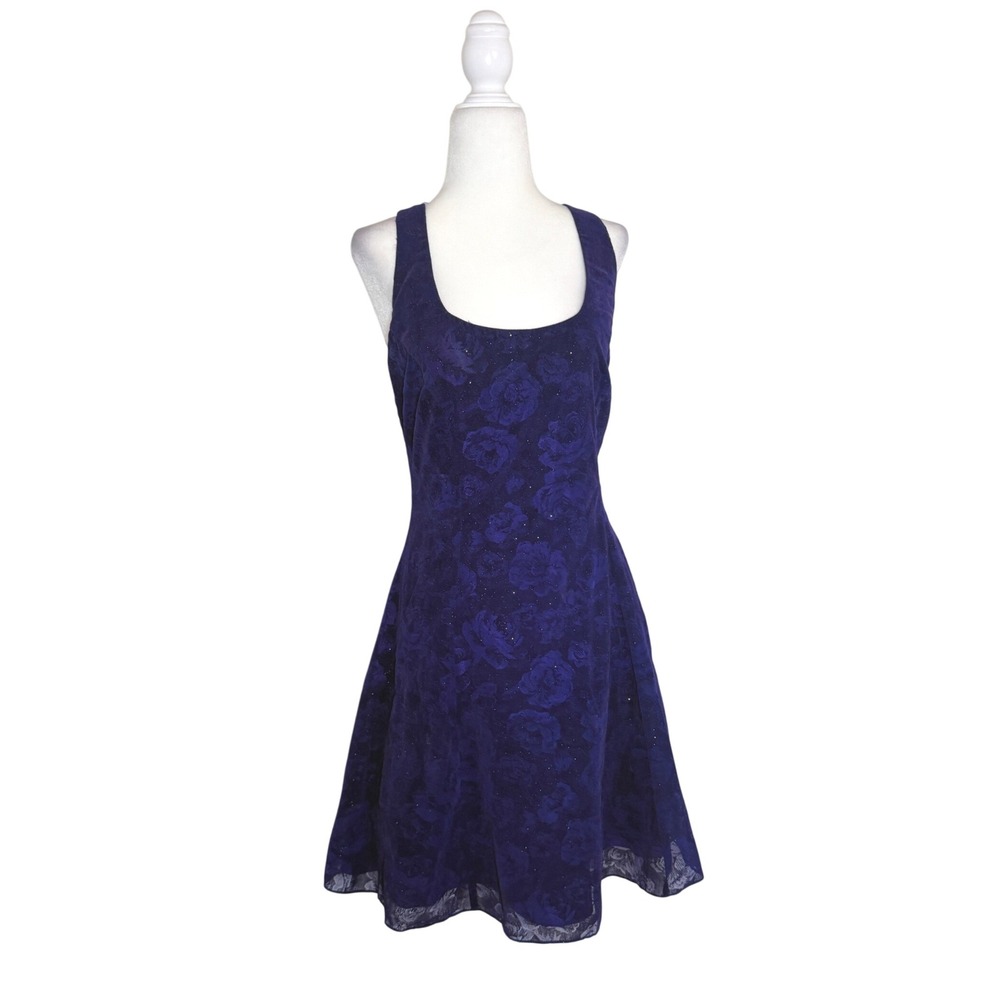 Vintage 90s Steppin Out Purple Floral Glitter Cross Back Prom Homecoming Dress 7